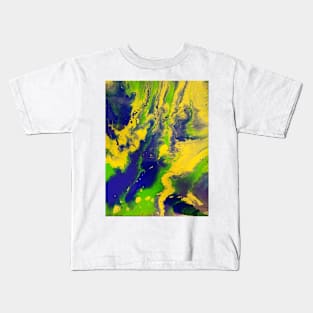 Bright blue, green, and yellow acrylic pour Kids T-Shirt